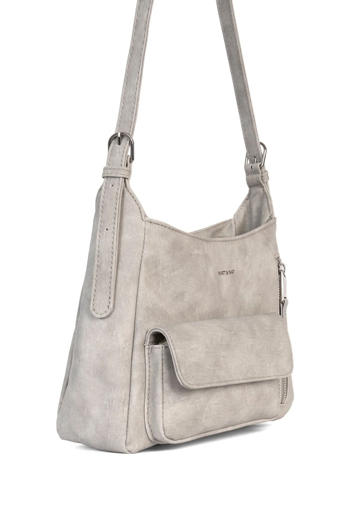 Sac à bandoulière pratique gris clair avec poche à rabat et bretelle ajustable.