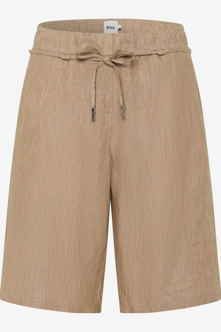 Short en lin MEL B beige pour femme, style décontracté avec ceinture à nouer et coupe Relaxed Fit.