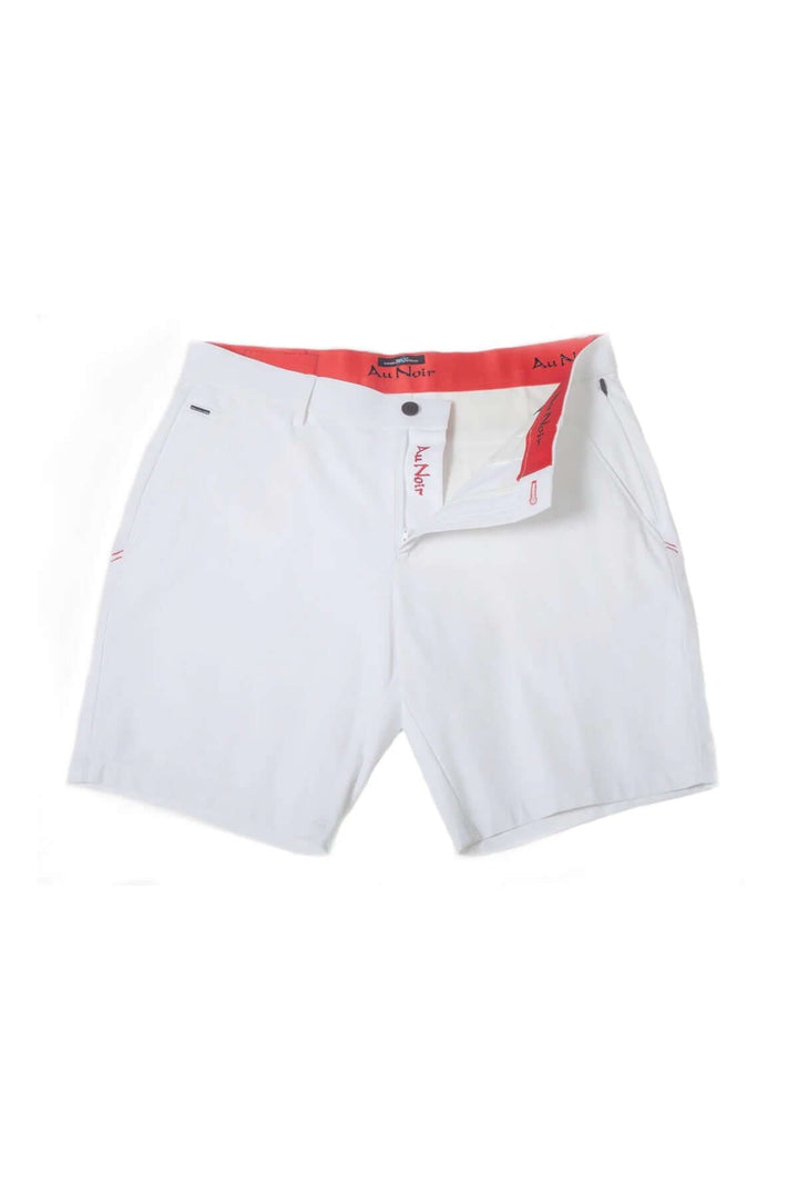 Shorts Limao-Solaris blancs avec détails rouges, coupe moderne et tissu extensible pour un confort optimal.