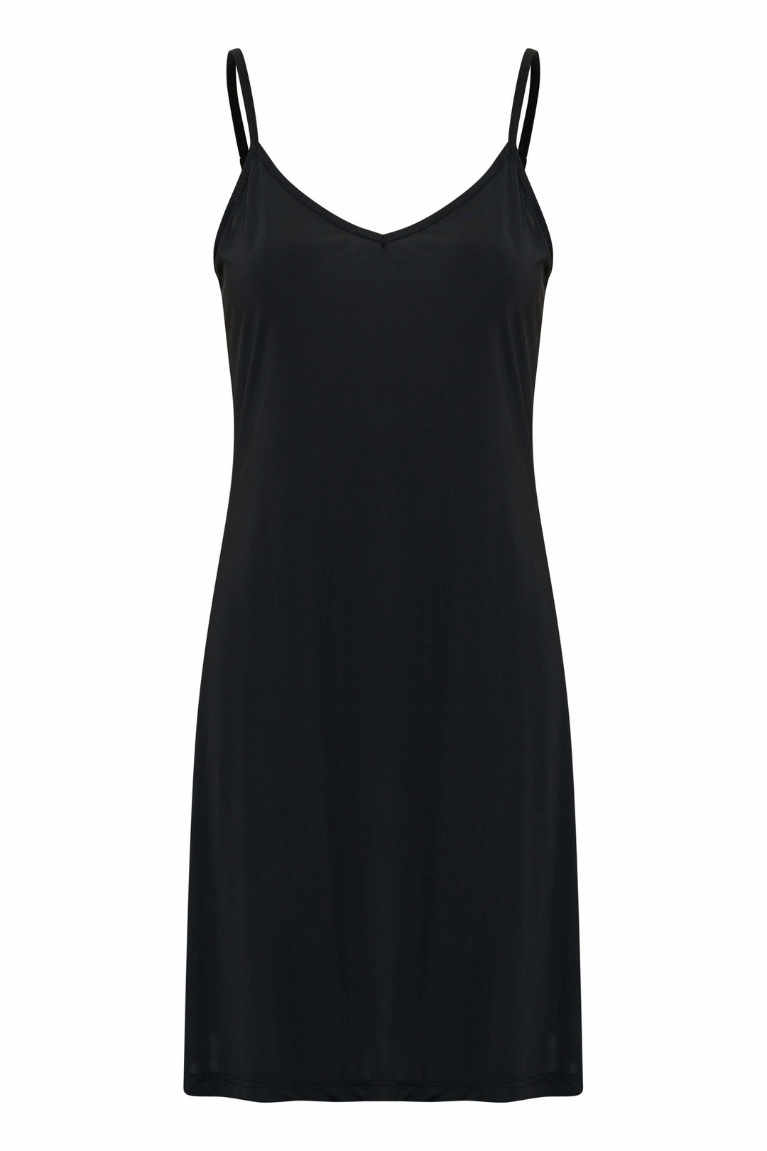 Sous-robe Lissandra noire avec encolure en V et bretelles spaghetti pour un tombé parfait sous les robes.