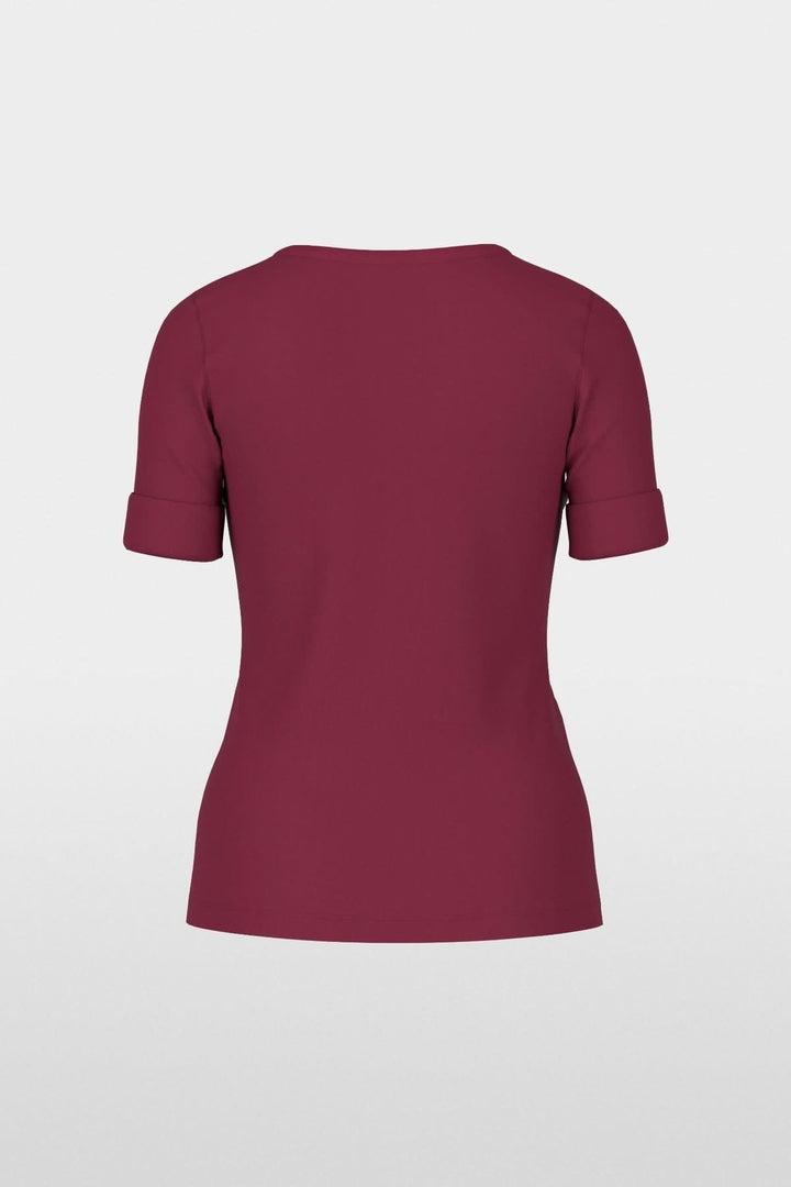T-shirt ajusté en coton stretch vue arrière couleur bordeaux, manches retroussées, style épuré et décontracté.
