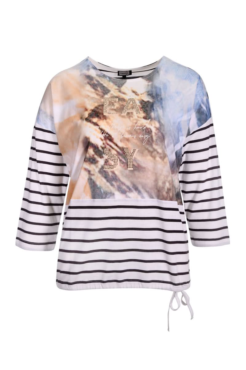 T-shirt artistique avec imprimé abstrait et rayures, manches 3/4, décoratif et moderne.