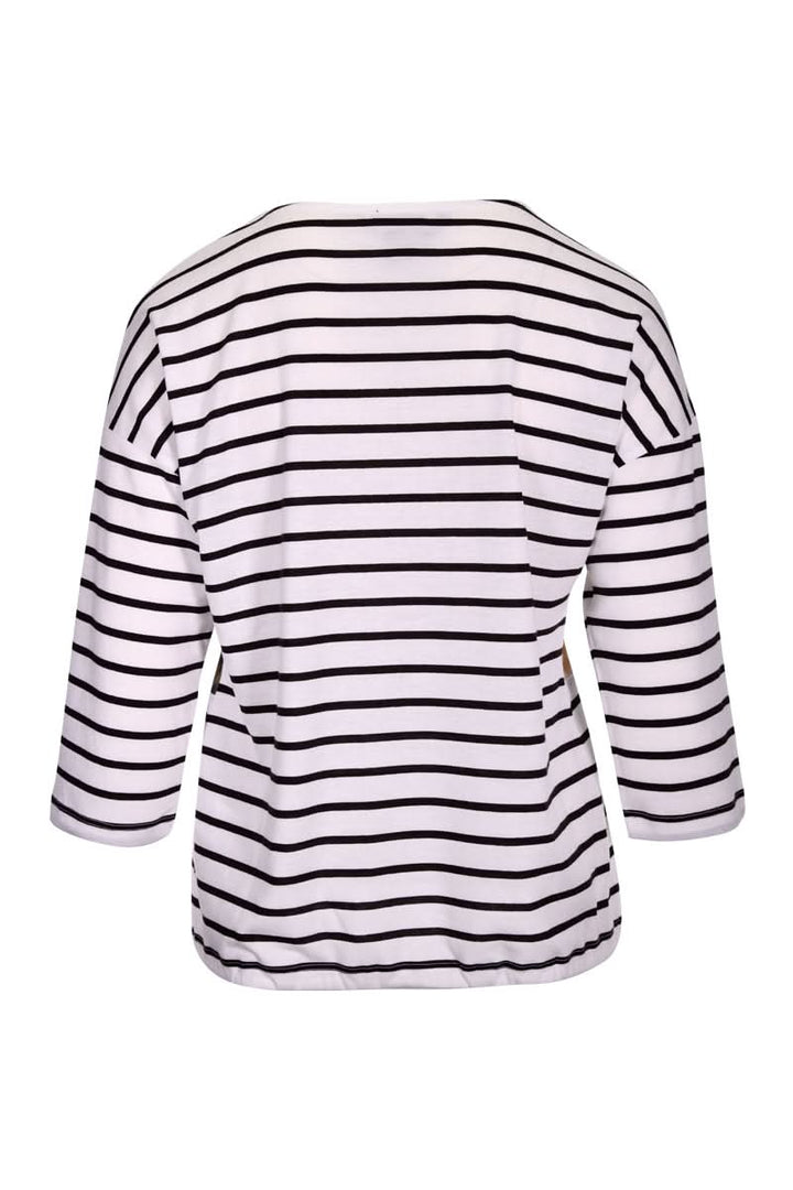 T-shirt artistique avec imprimé rayé noir et blanc, manches 3/4, vue arrière, confortable et moderne.