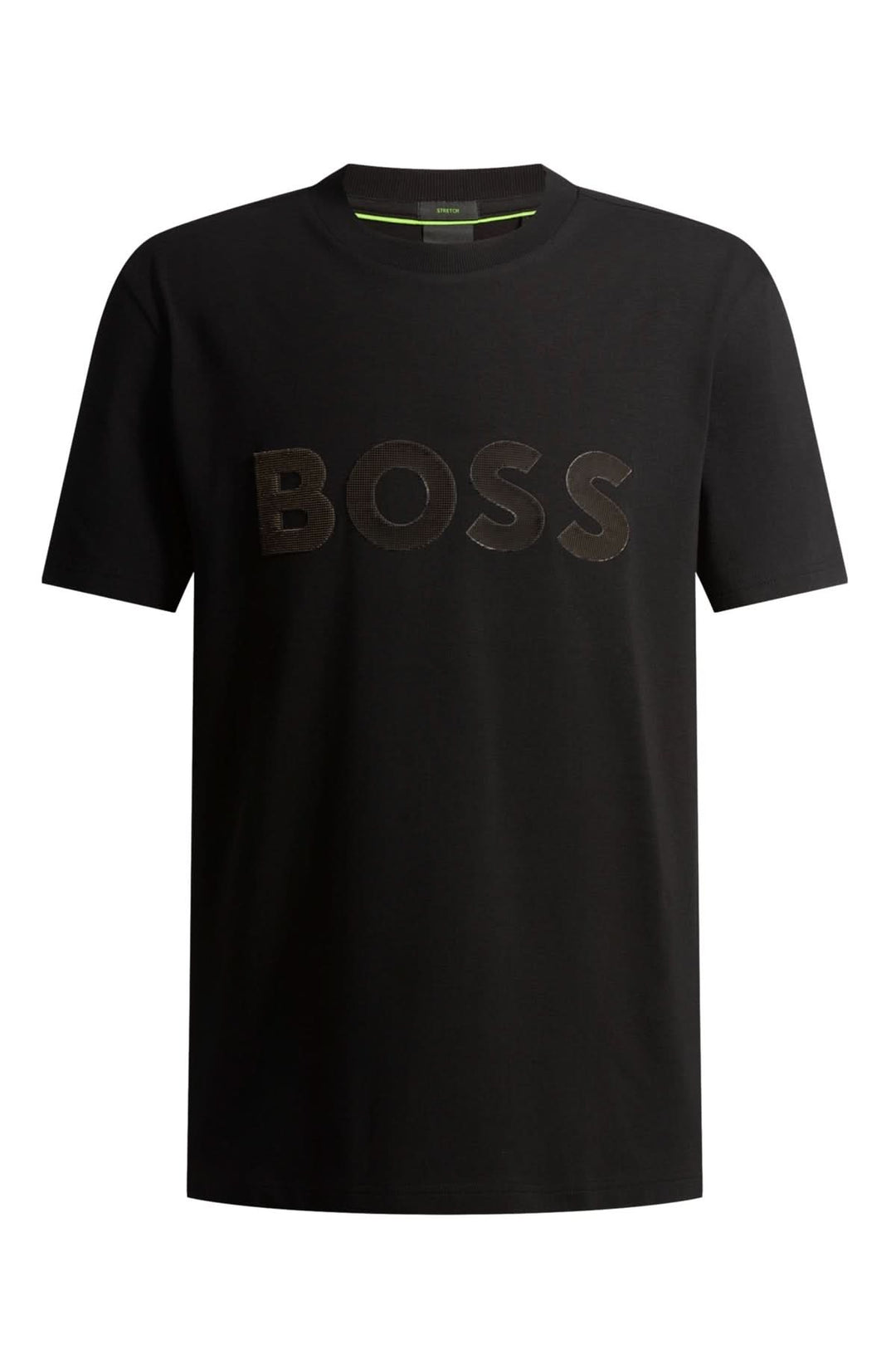 T-shirt noir avec logo BOSS texturé en relief, confortable et moderne, manches courtes, col rond.