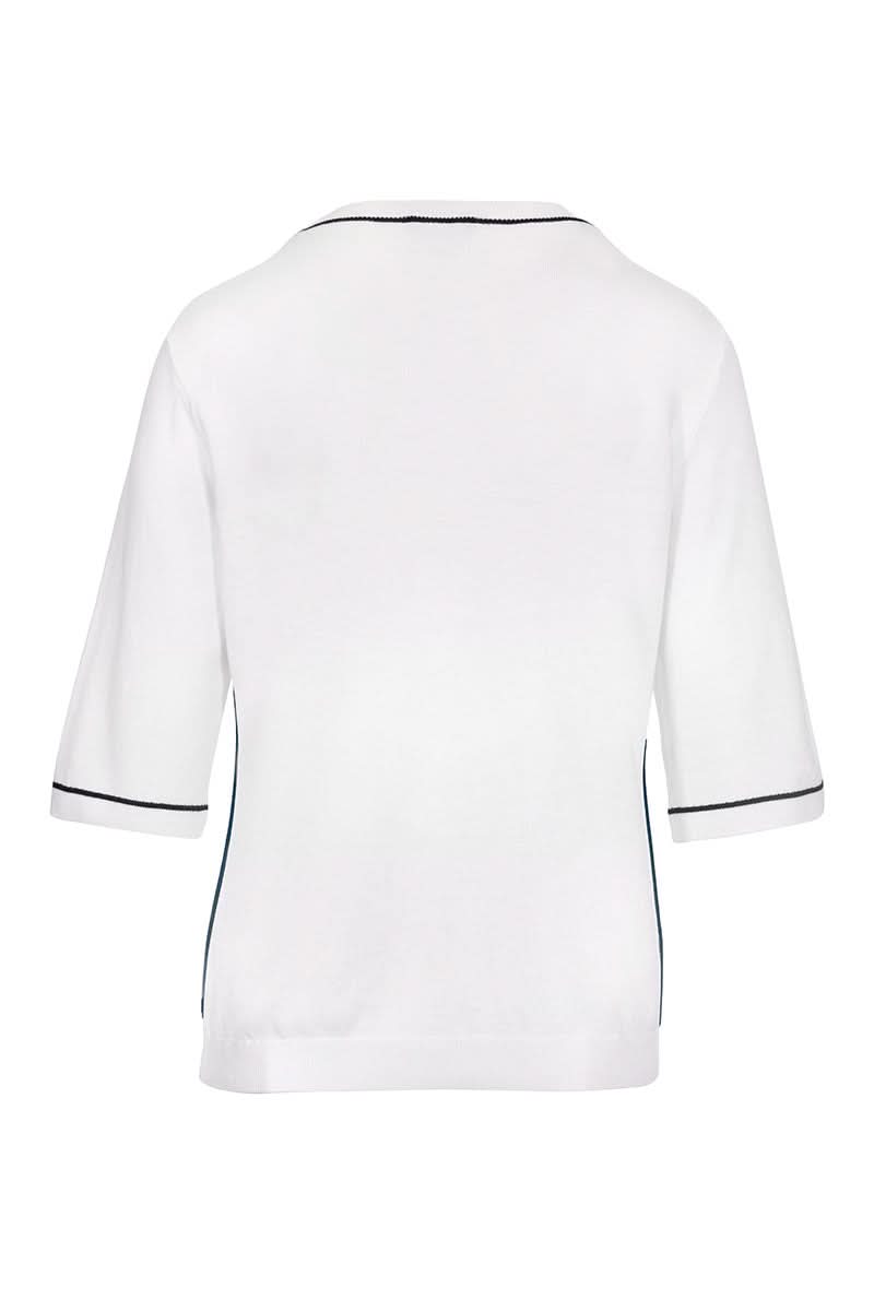 T-shirt avec lignes en maille fine blanc avec finitions contrastantes, vue arrière. Confortable et moderne, idéal pour tenues variées.
