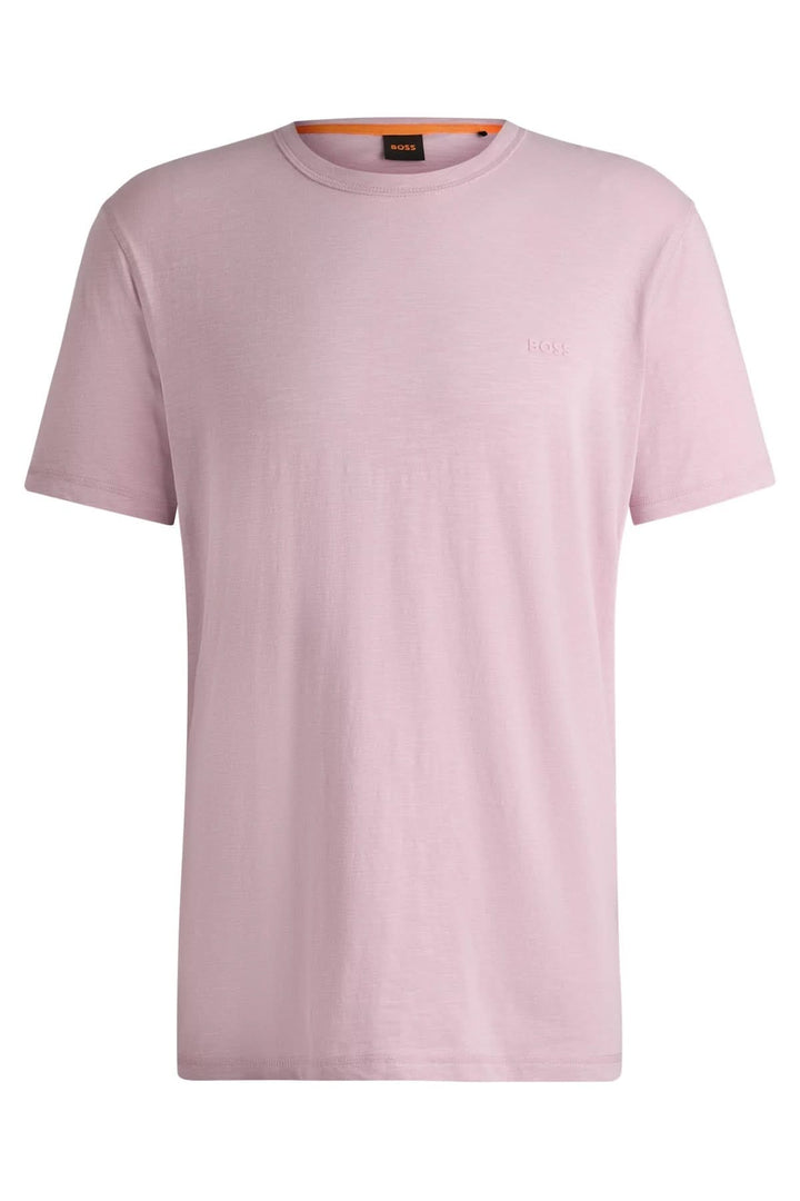 T-shirt rose avec logo Boss brodé, coupe droite, col rond, en coton doux et finition chinée.