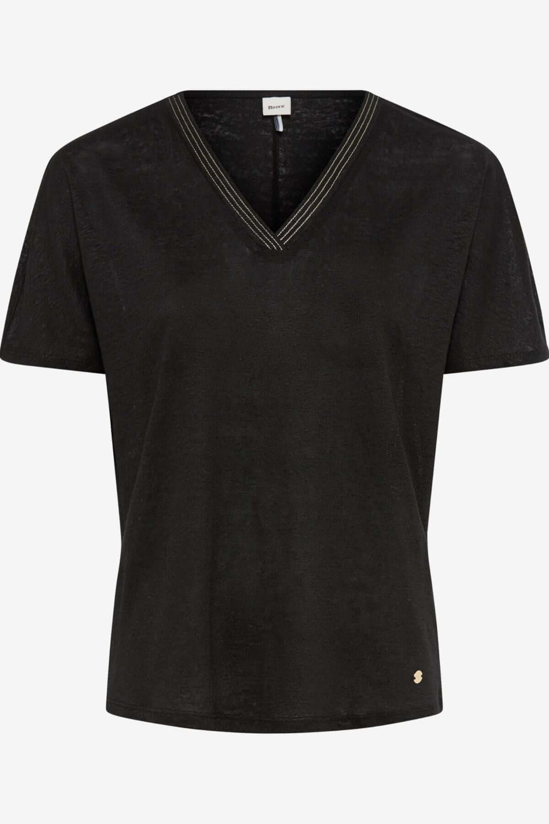 T-shirt col V noir pour femme, couture décorative et coupe décontractée, parfait pour l&