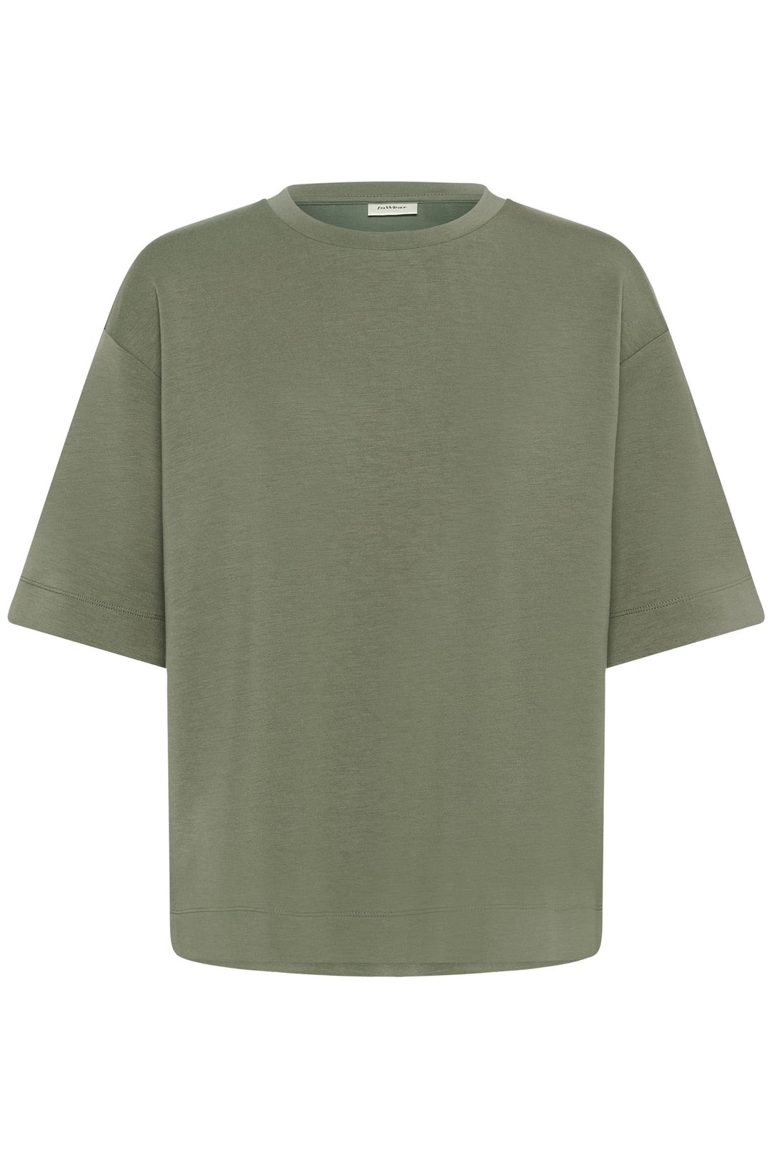 T-shirt coupe ample Pannie vert olive, manches courtes, encolure ronde, style moderne et décontracté, matière fluide et confortable.