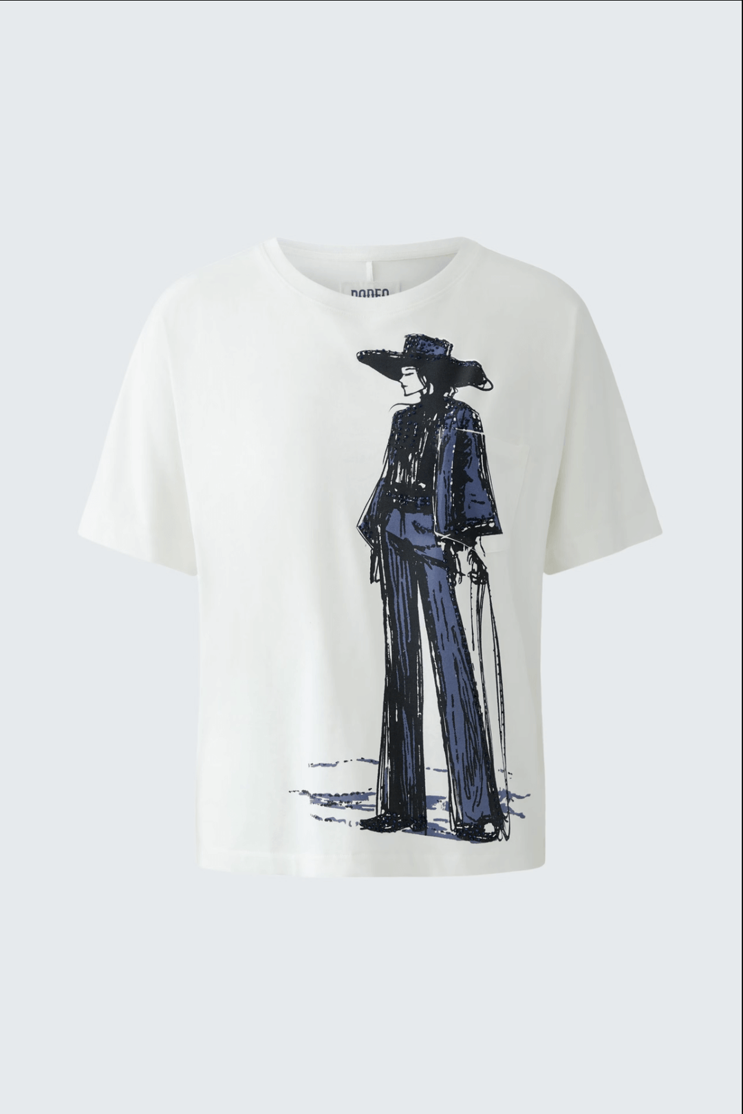 T-shirt danseur avec motif dessiné à la main, couleur blanche, coupe oversize, col rond et demi-manches.