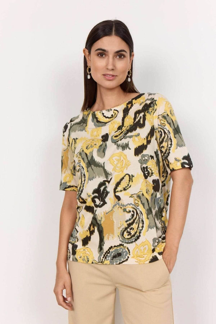 T-shirt doux à imprimé cachemire abstrait, en coton bio et viscose, style décontracté.