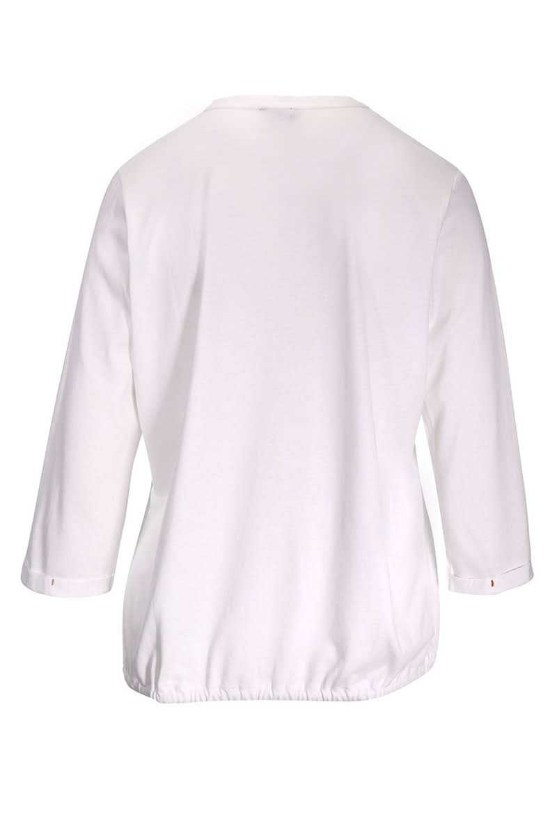 Dos d'un t-shirt imprimé graphique blanc à manches trois-quarts avec ourlet à cordon ajustable et coupe légèrement ample.