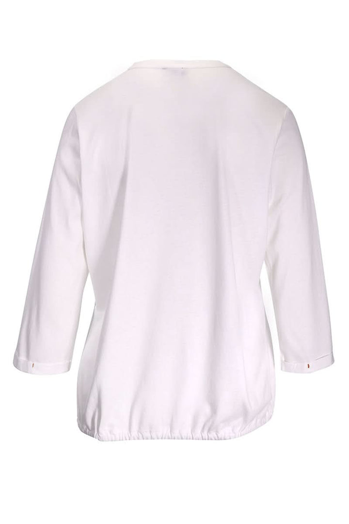 Dos d'un t-shirt imprimé graphique blanc à manches trois-quarts avec ourlet à cordon ajustable et coupe légèrement ample.
