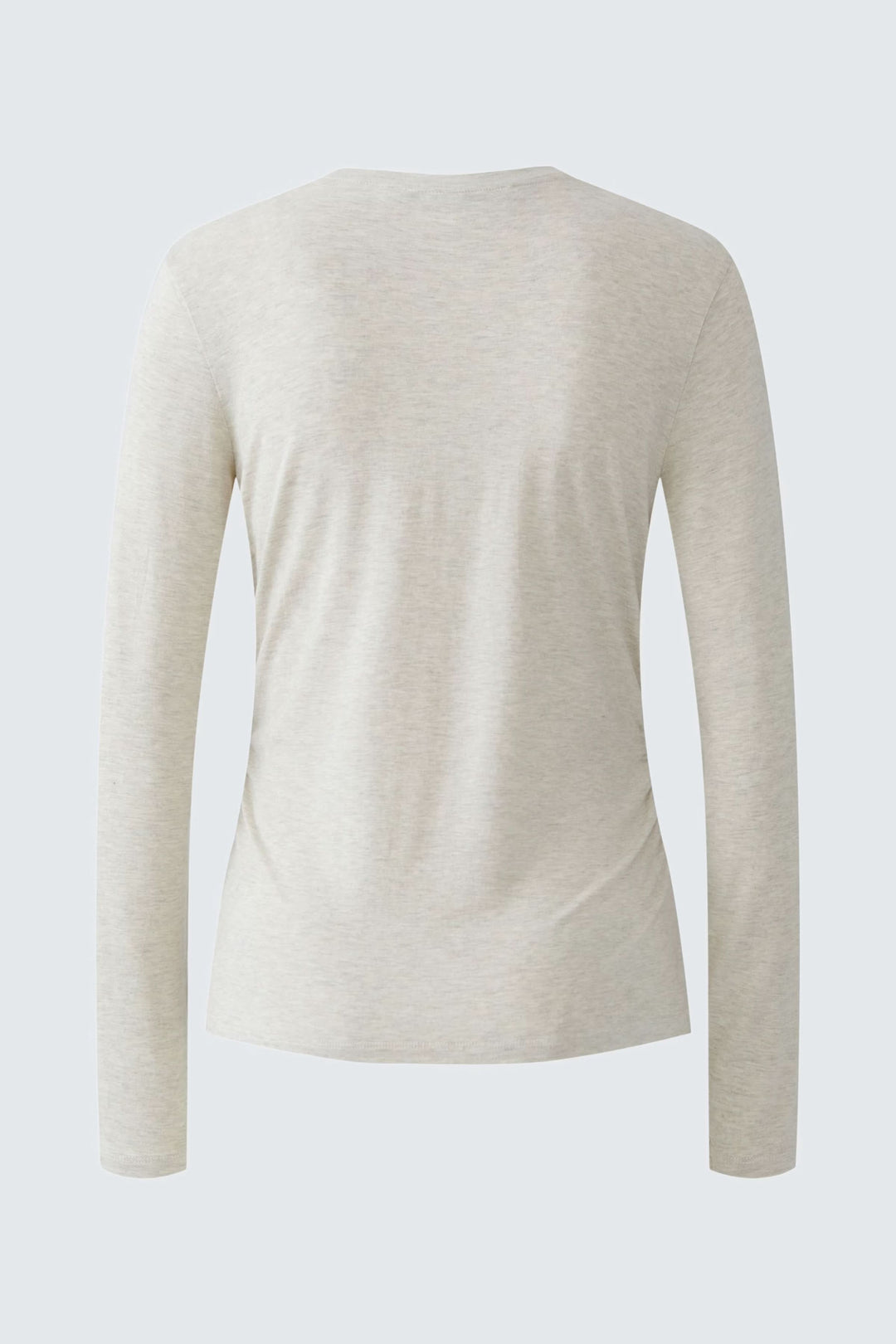 T-shirt manches longues beige vue arrière avec fronces latérales flatteuses.