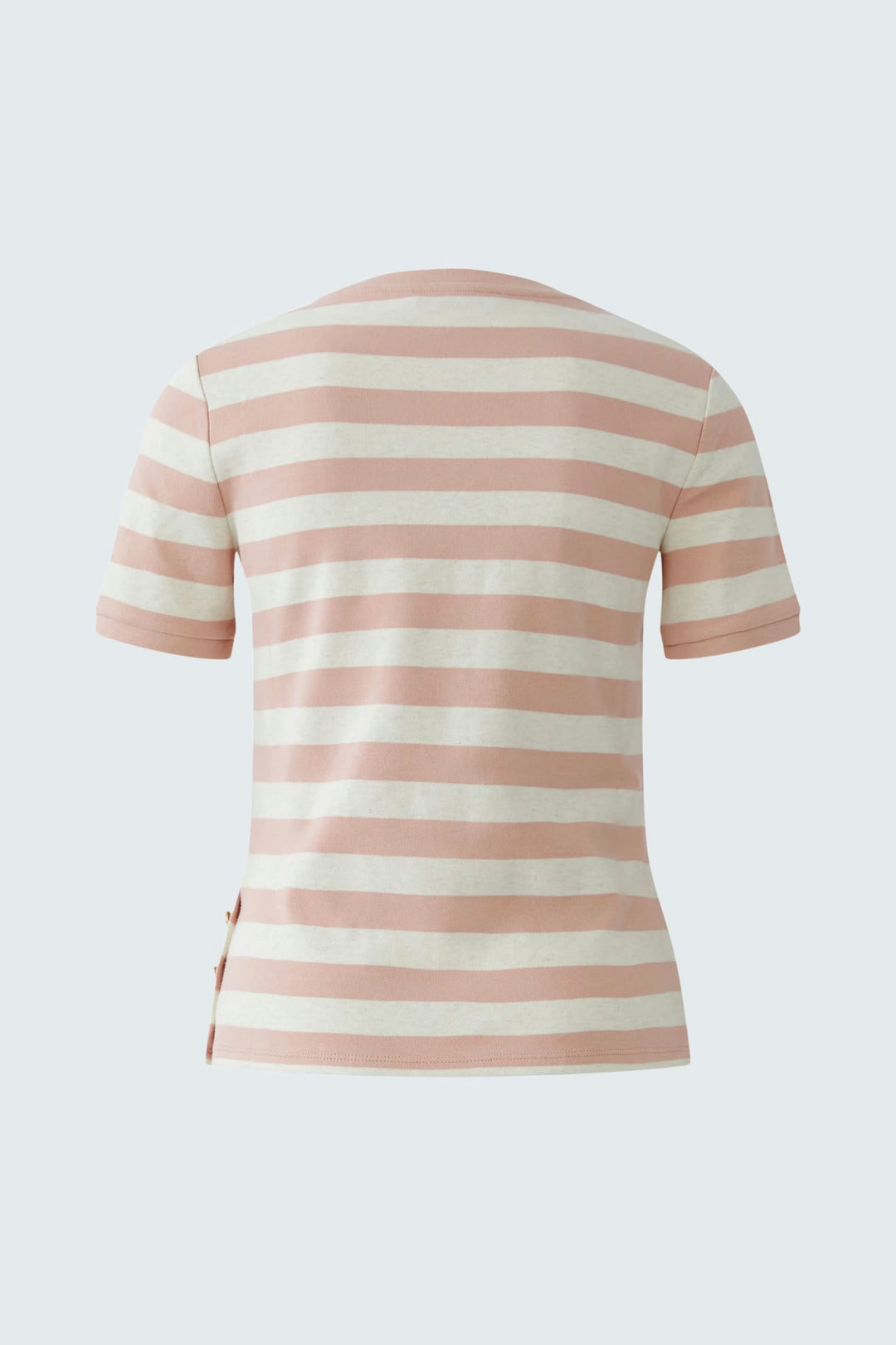 T-shirt à rayures à manches courtes avec coupe droite, vue arrière, décoration latérale, style moderne et féminin.