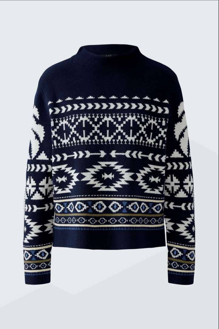 Tricot motif norvégien en viscose, coupe courte, col montant, manches longues, style cosy et tendance idéal pour look hivernal.