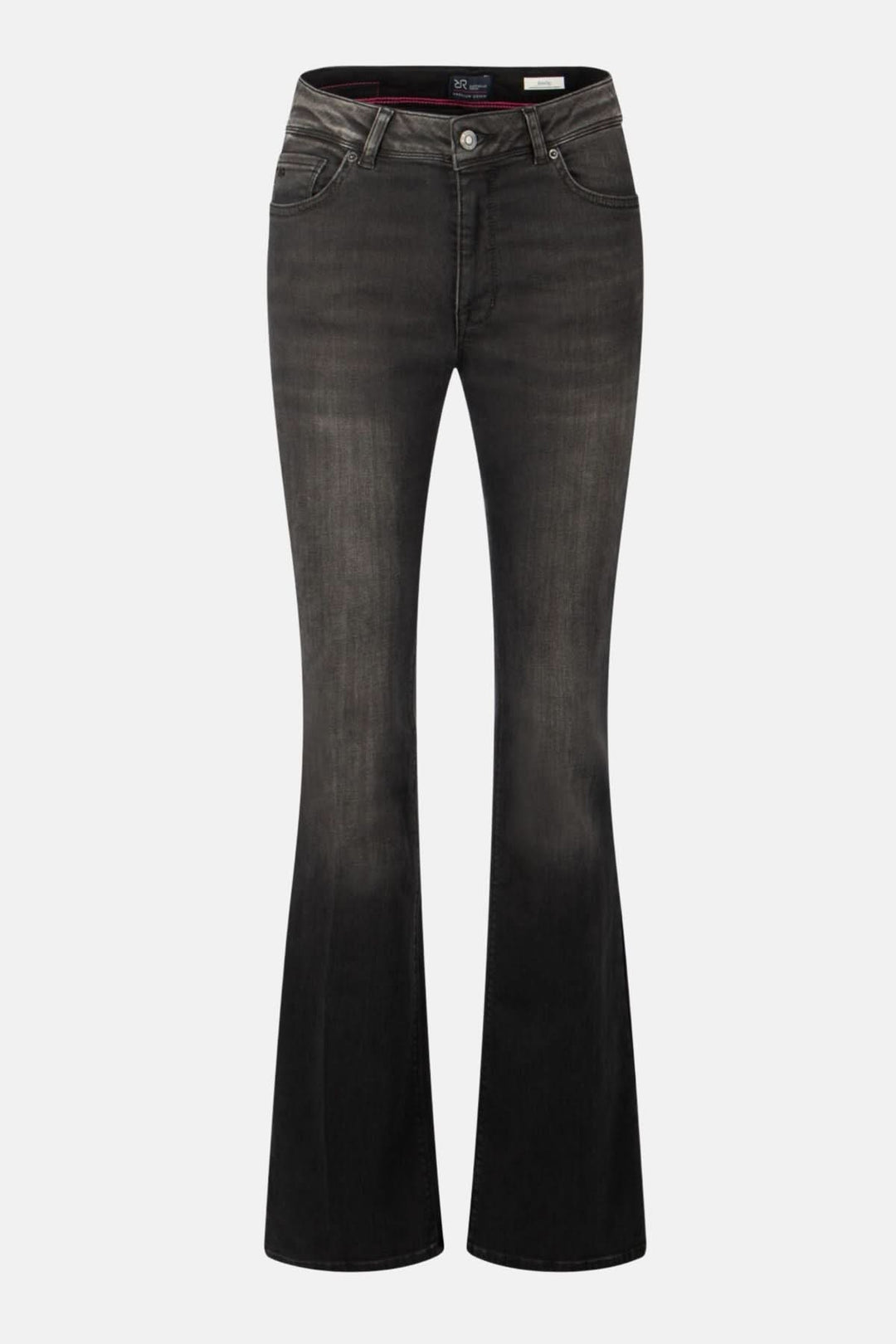 Jean noir à coupe évasée avec dégradé, parfait pour un look rétro et moderne.