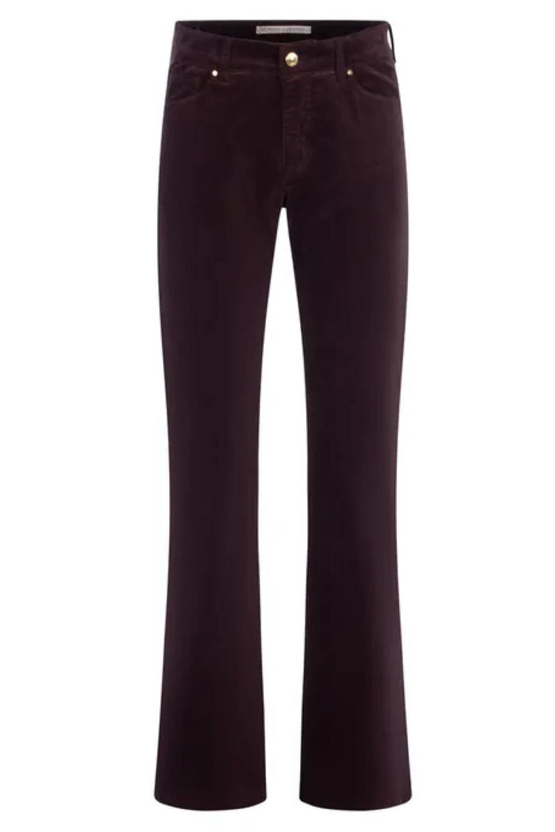 Jean évasé foncé avec texture lisse et design à cinq poches, parfait pour diverses tenues.