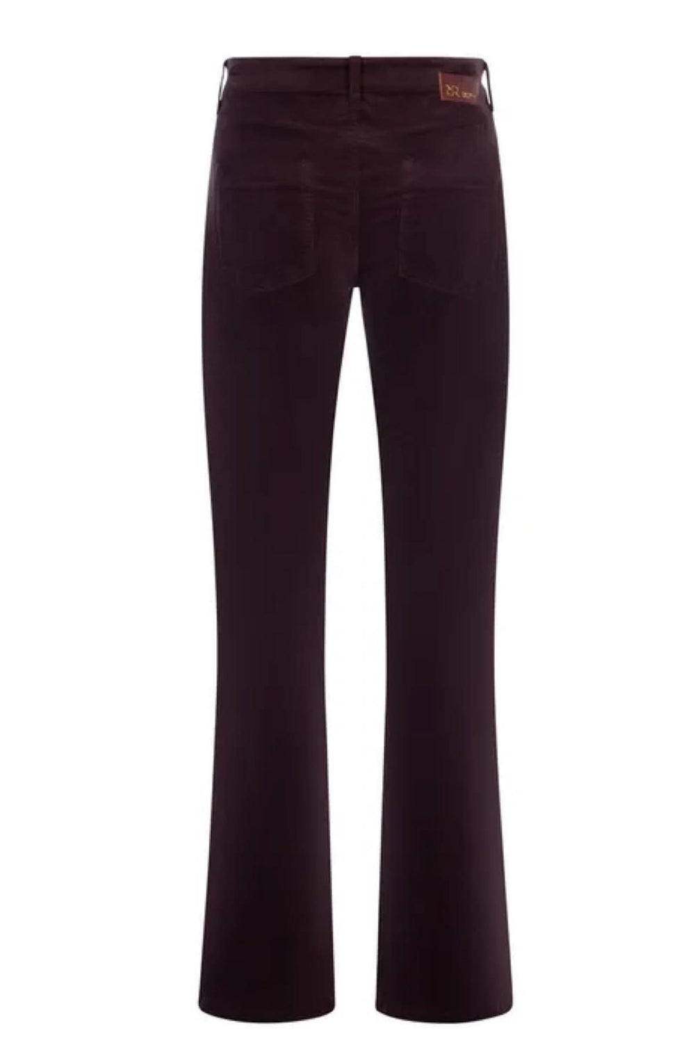 Jean évasé sombre avec texture lisse, dos visible, design classique à cinq poches.