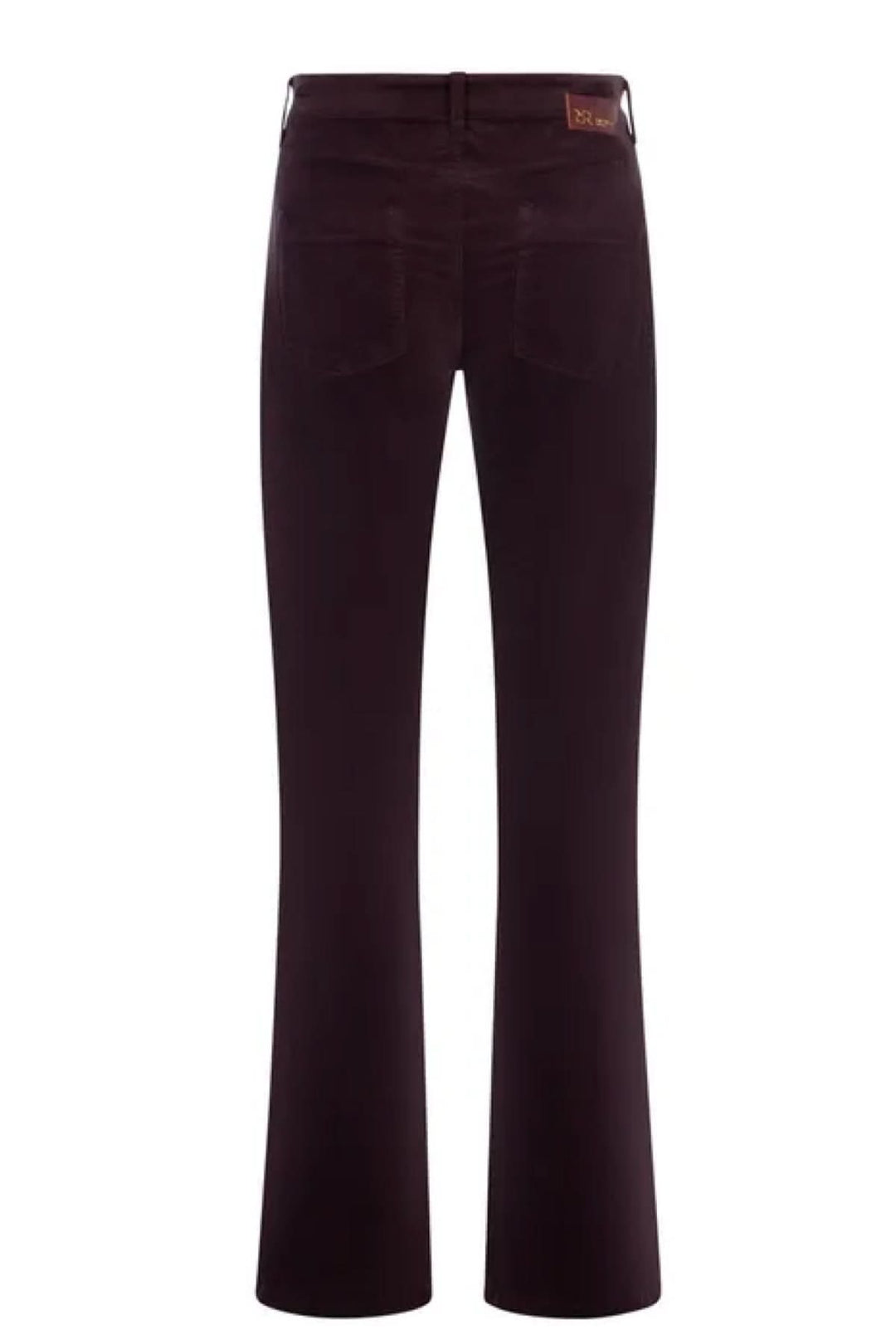 Jean évasé sombre avec texture lisse, dos visible, design classique à cinq poches.