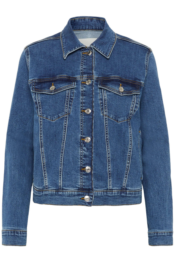 Veste en denim classique avec coupe droite, fermeture à boutons métalliques et poches avant, style intemporel.