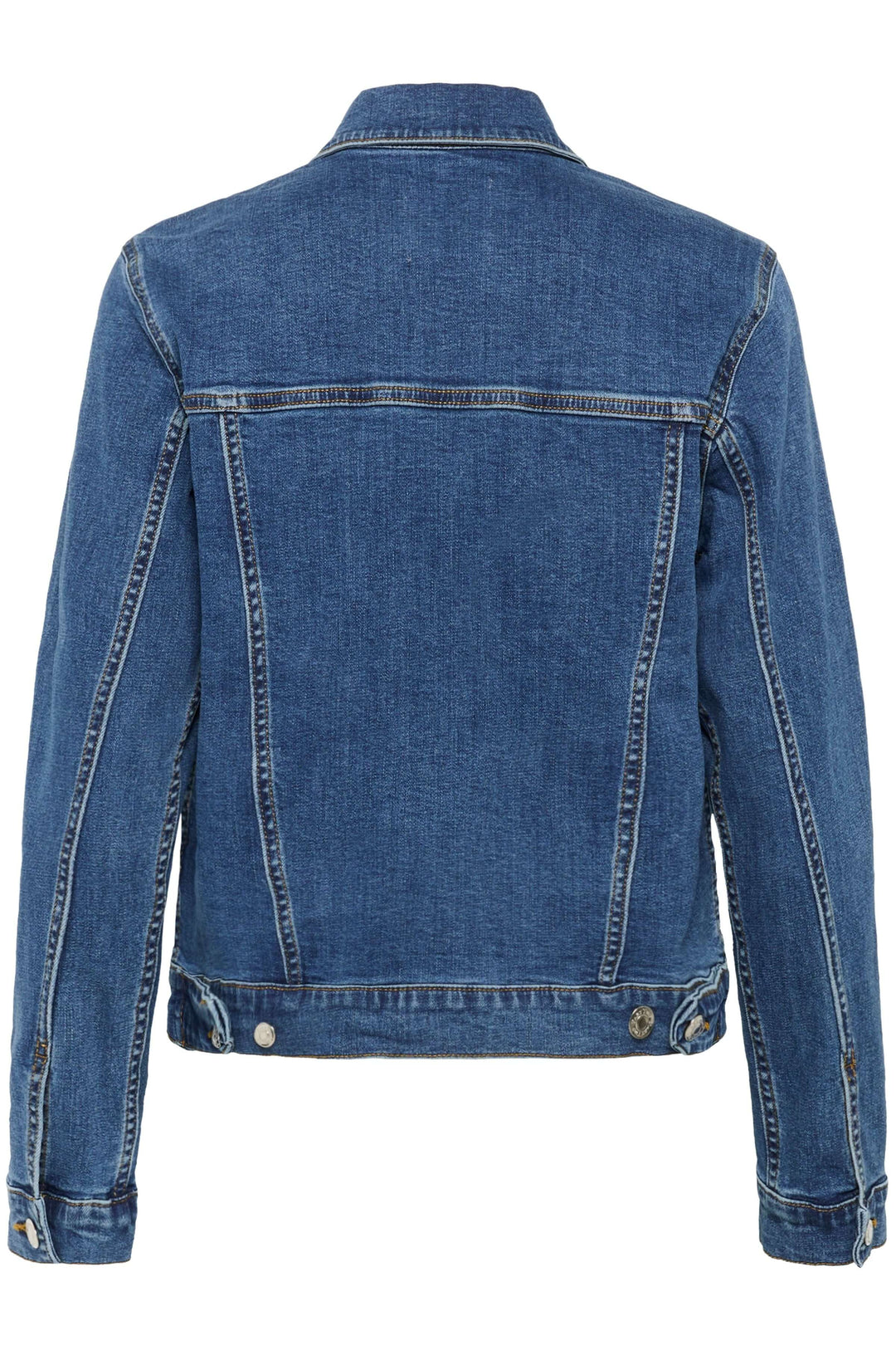Veste en denim bleue à coupe droite, vue arrière avec finitions classiques et boutons métalliques.
