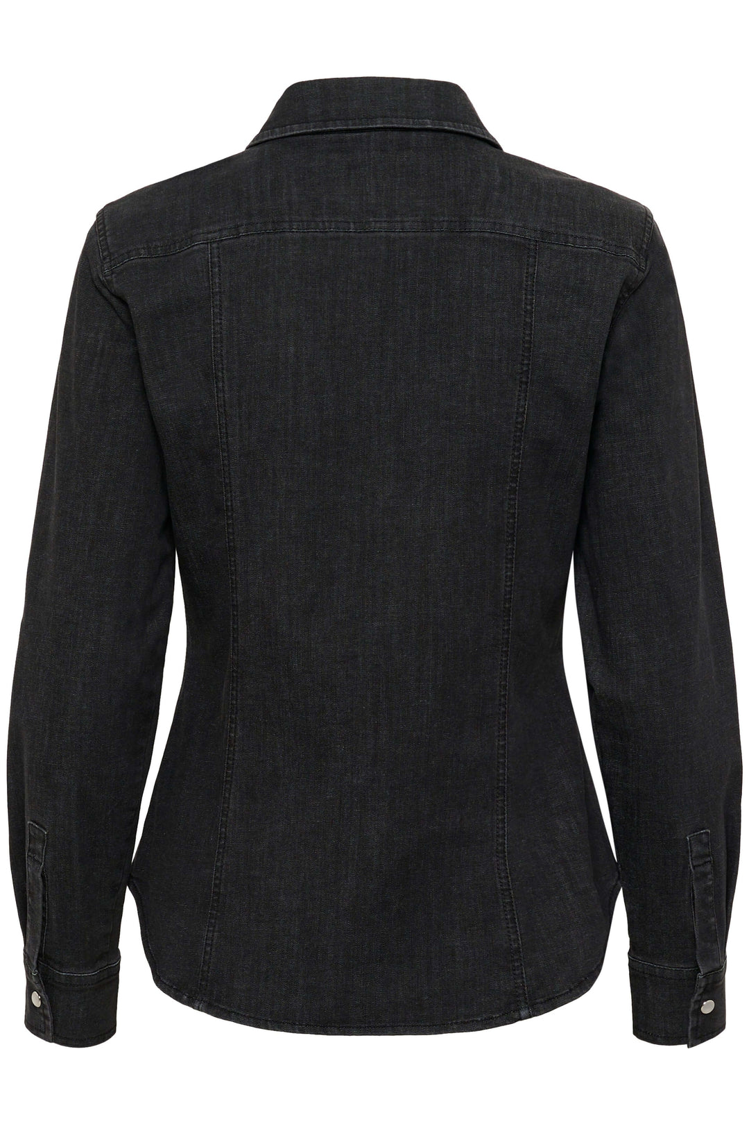 Veste Sanilla en denim noir ajusté avec détails métalliques et poches à rabat, vue arrière montrant la coupe flatteuse.