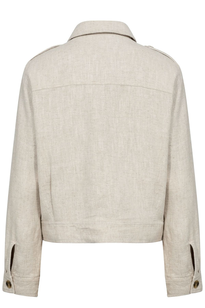 Veste courte Najah beige vue de dos, avec col chemise et manches longues à poignet boutonné.