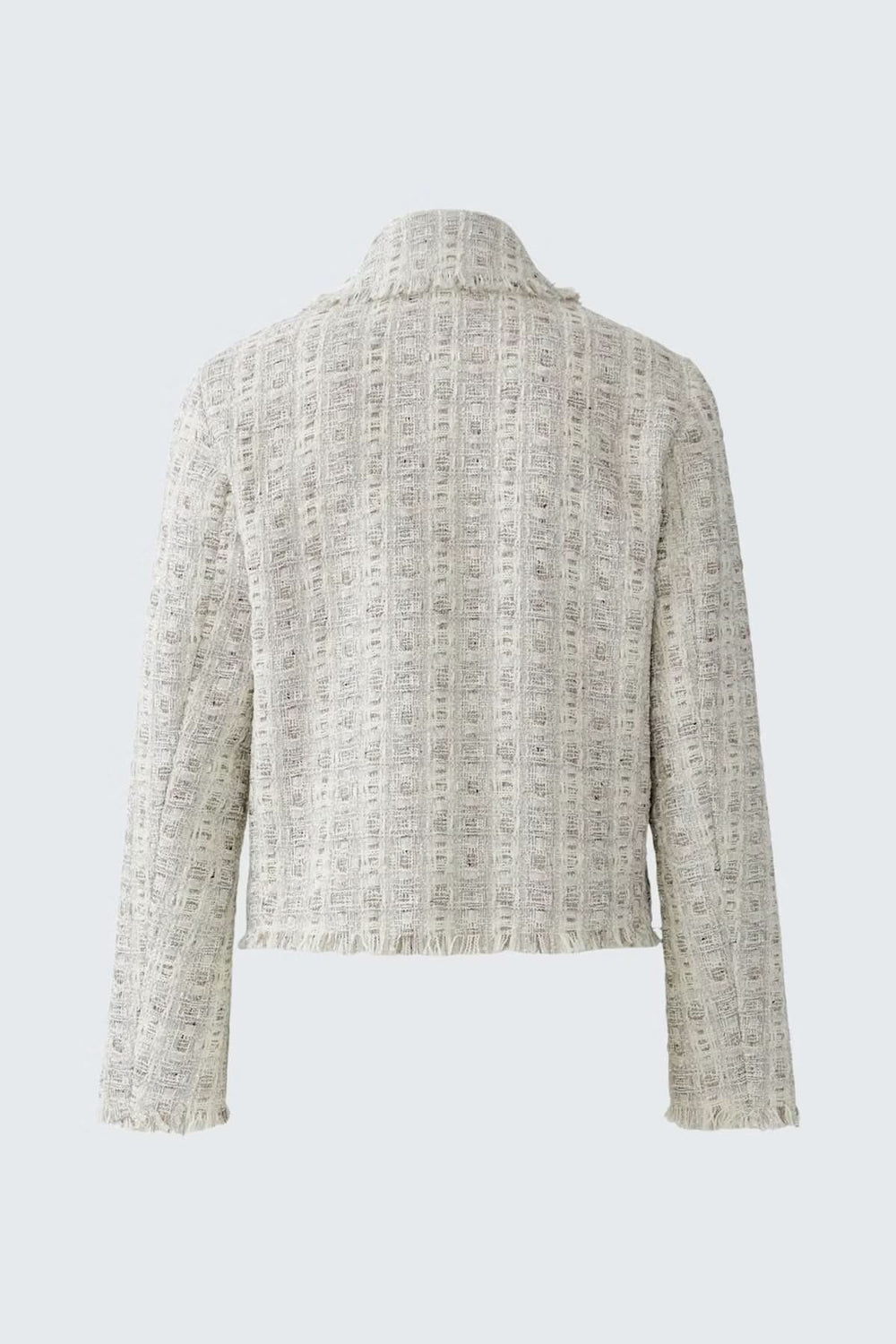 Veste en tweed au design classique avec coupe droite et finitions effilochées, vue arrière, col chemise et boutons recouverts.