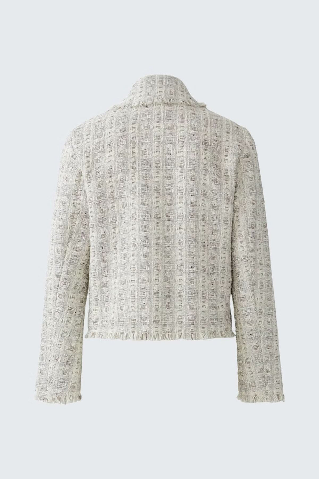 Veste en tweed au design classique avec coupe droite et finitions effilochées, vue arrière, col chemise et boutons recouverts.