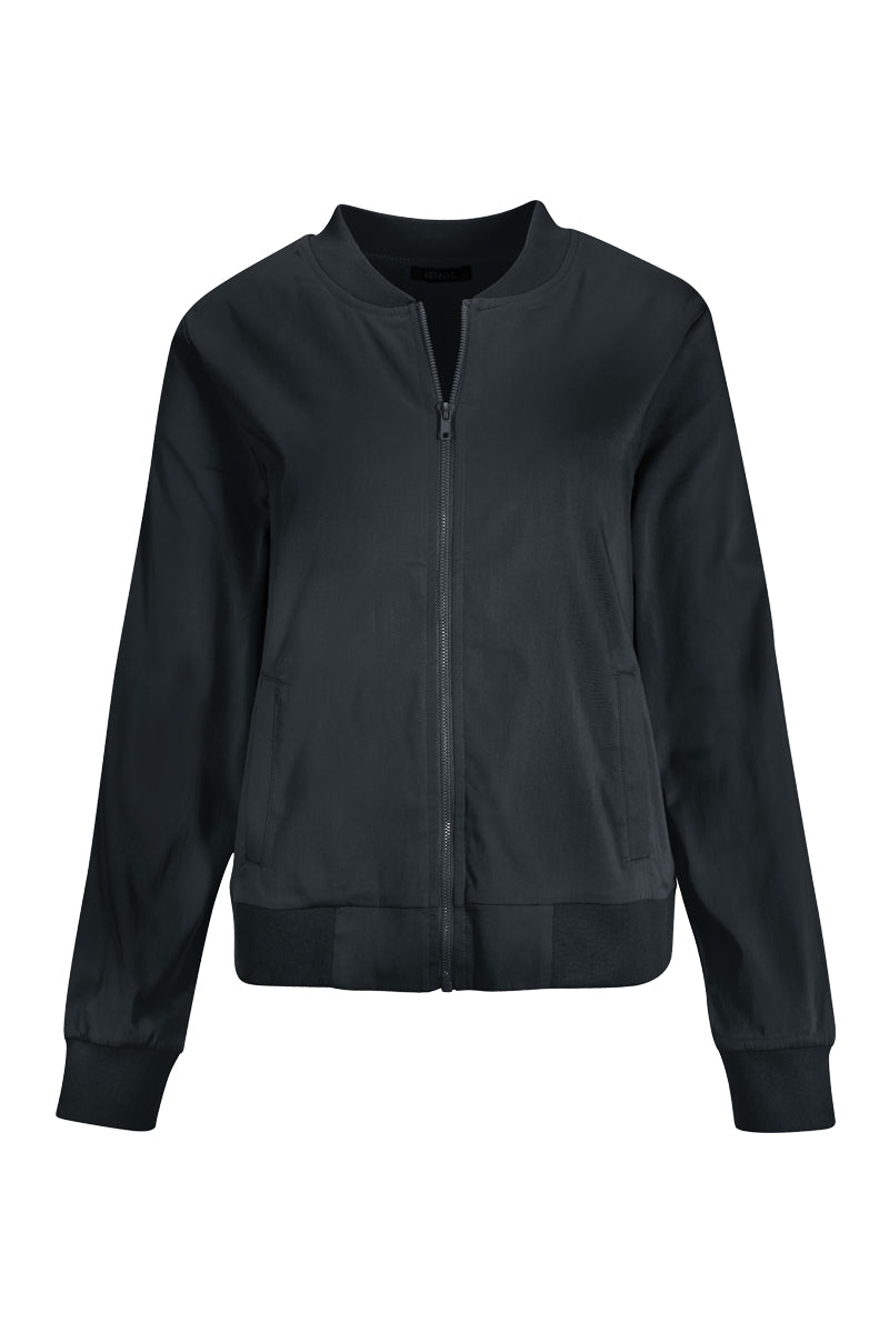 Veste zippée moderne en tissu noir élégant avec col rond et finitions côtelées, idéale pour un style décontracté ou structuré.