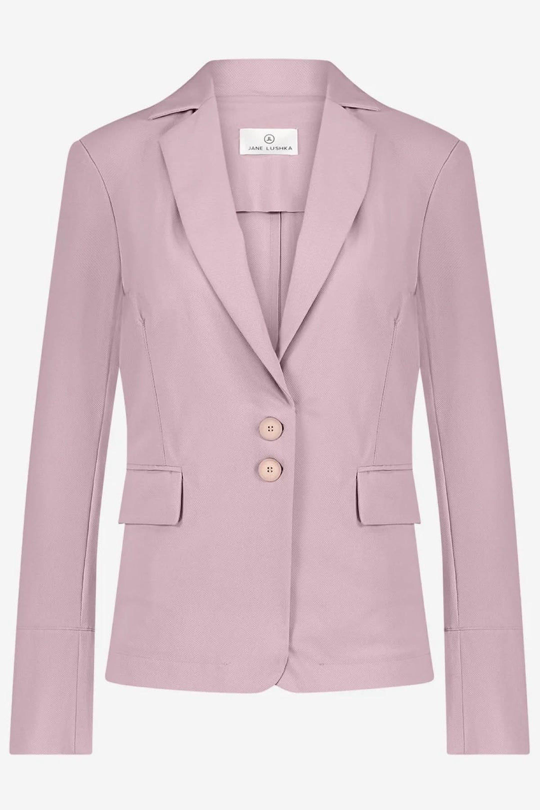 Veston Amsterdam structuré en rose, avec col tailleur et fermeture à deux boutons, parfait pour un look moderne.