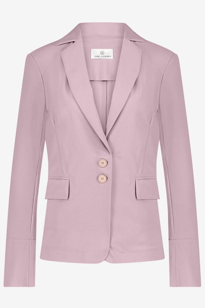 Veston Amsterdam structuré en rose, avec col tailleur et fermeture à deux boutons, parfait pour un look moderne.