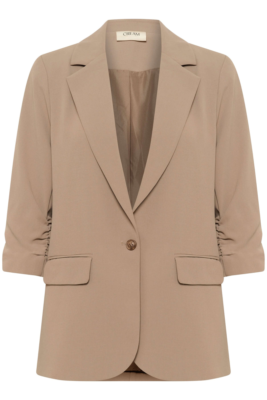 Veston beige à coupe décontractée avec fermeture à un bouton et manches froncées, idéal pour bureau et sorties.
