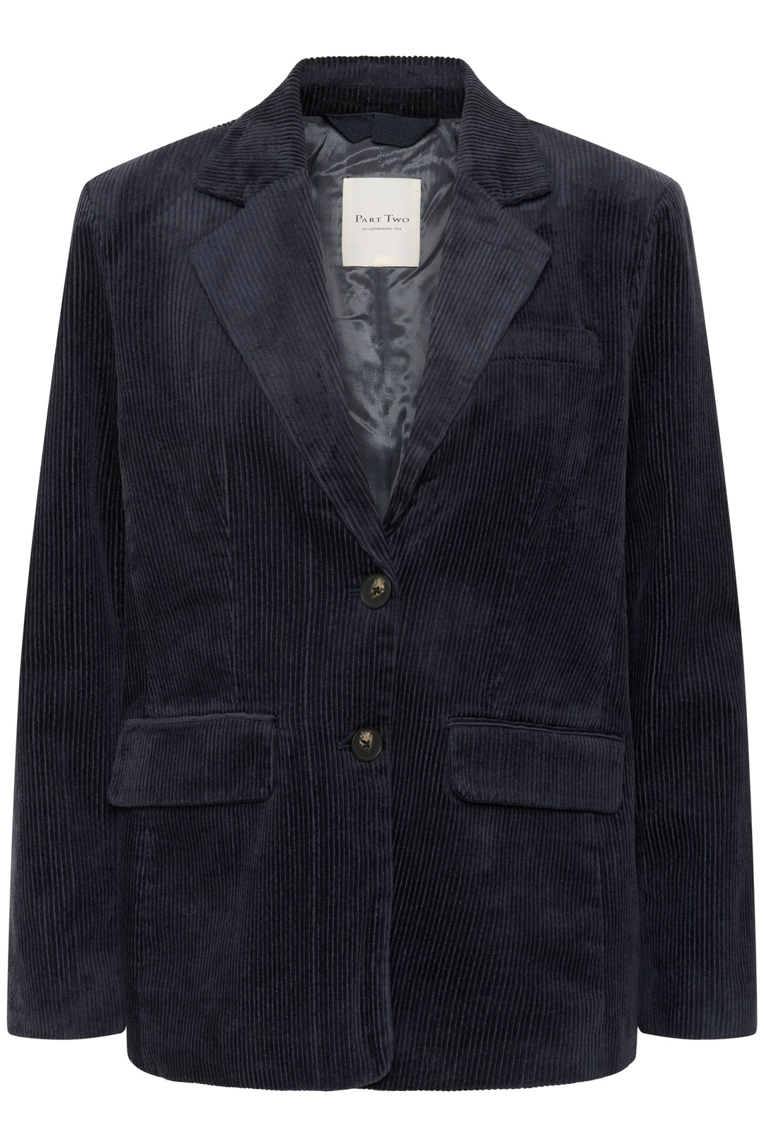 Veston Leni en velours côtelé bleu marine avec coupe ajustée et fermeture à deux boutons.