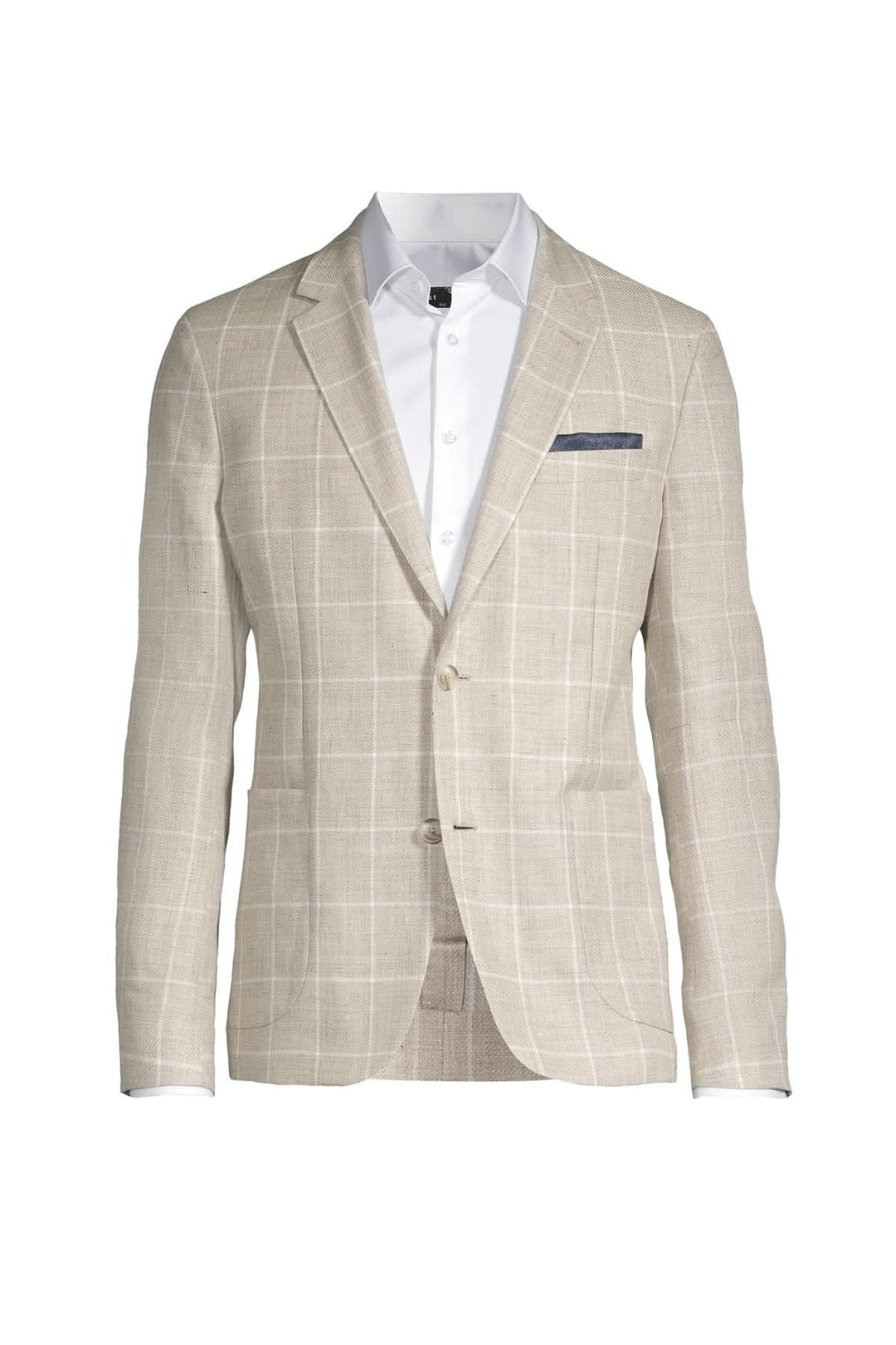 Veston contemporain à carreaux beige, léger, idéal pour événements chics en été, avec col classique et poches.