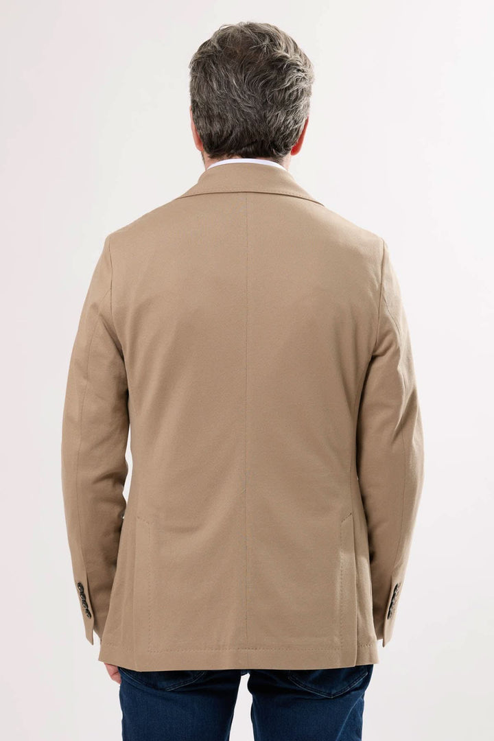 Veston en coton extensible, vue arrière, couleur beige, coupe moderne et confortable.