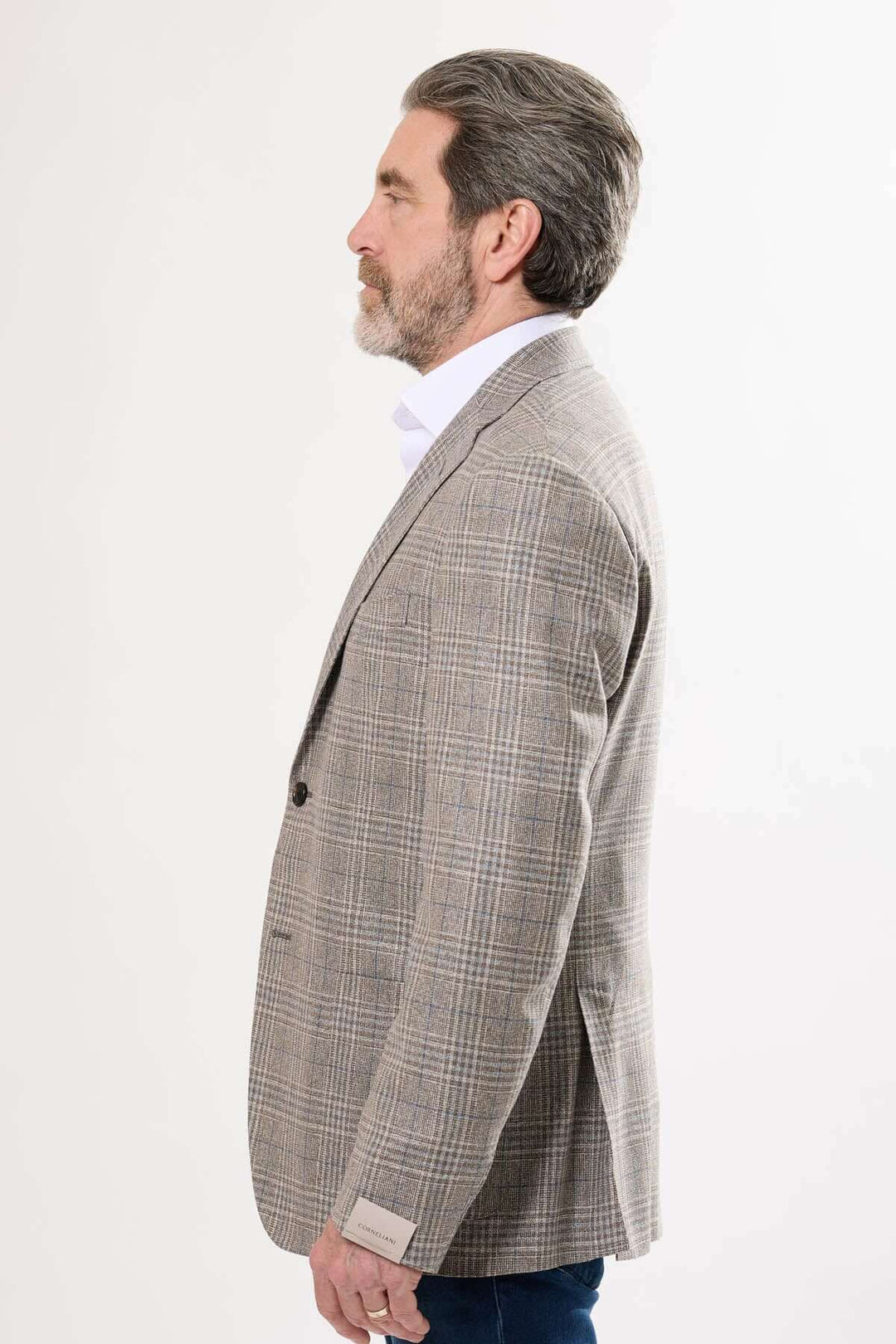 Veston à motif prince-de-galles moderne, coupe semi-ajustée, élégant pour des occasions professionnelles ou stylées.