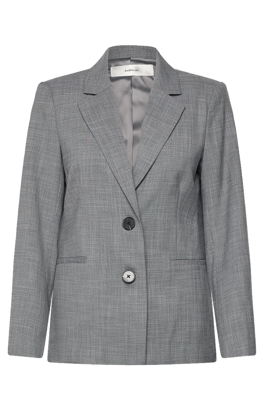 Veston tailleur structuré Cadie avec coupe droite, col à revers classiques, fermeture à deux boutons et manches longues grises élégantes.