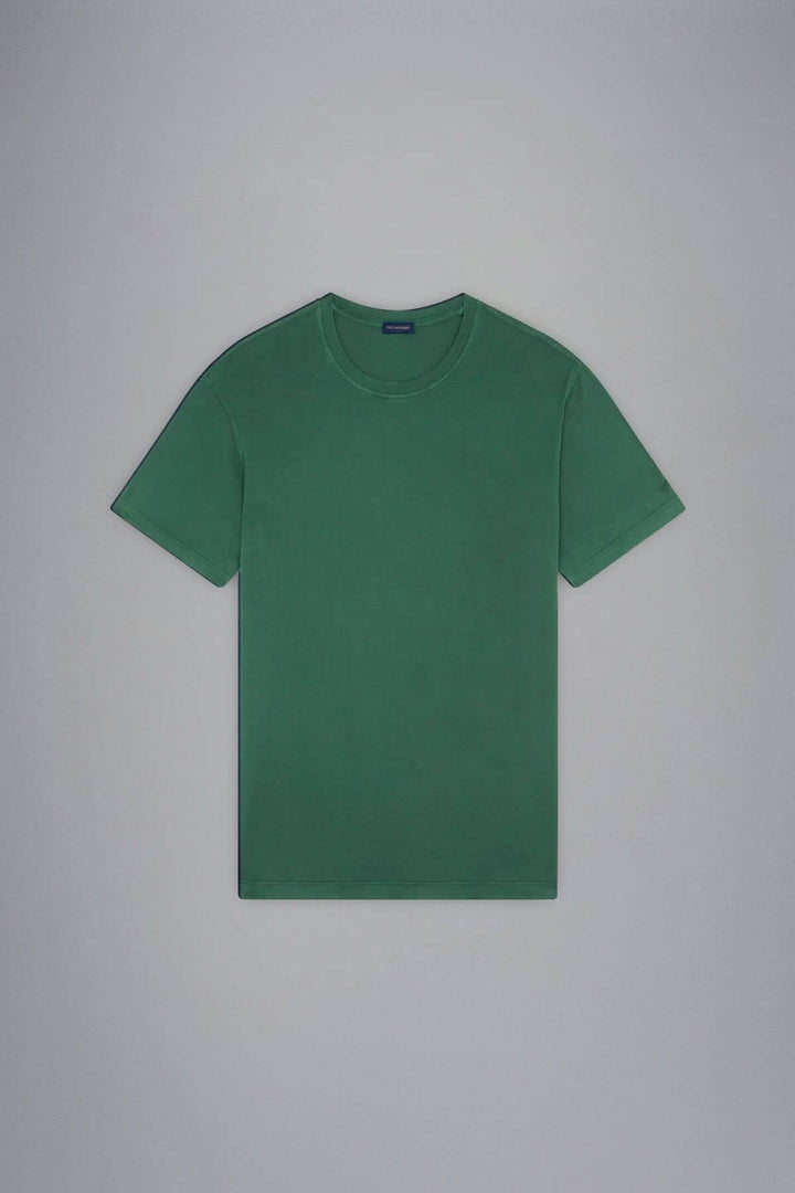T-shirt en coton brossé de couleur verte, col rond et coupe classique pour homme.