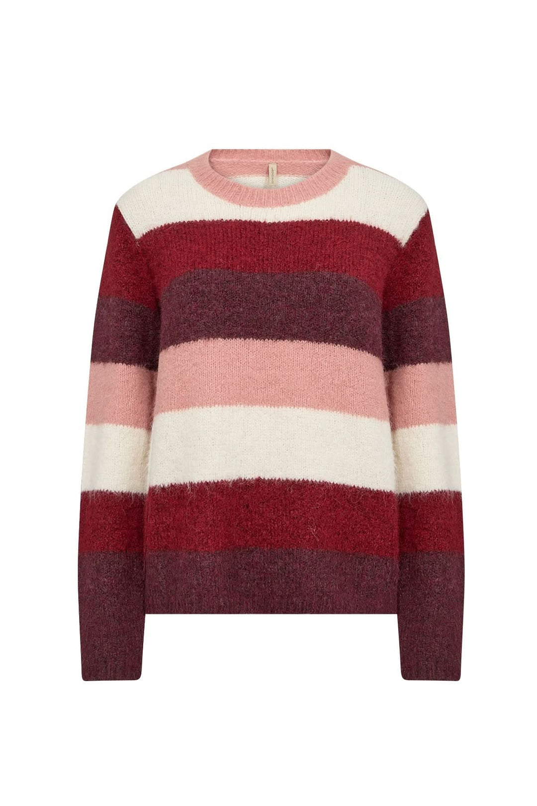 Tricot à rayures larges aux teintes rouges et roses, à la texture duveteuse et encolure ronde.