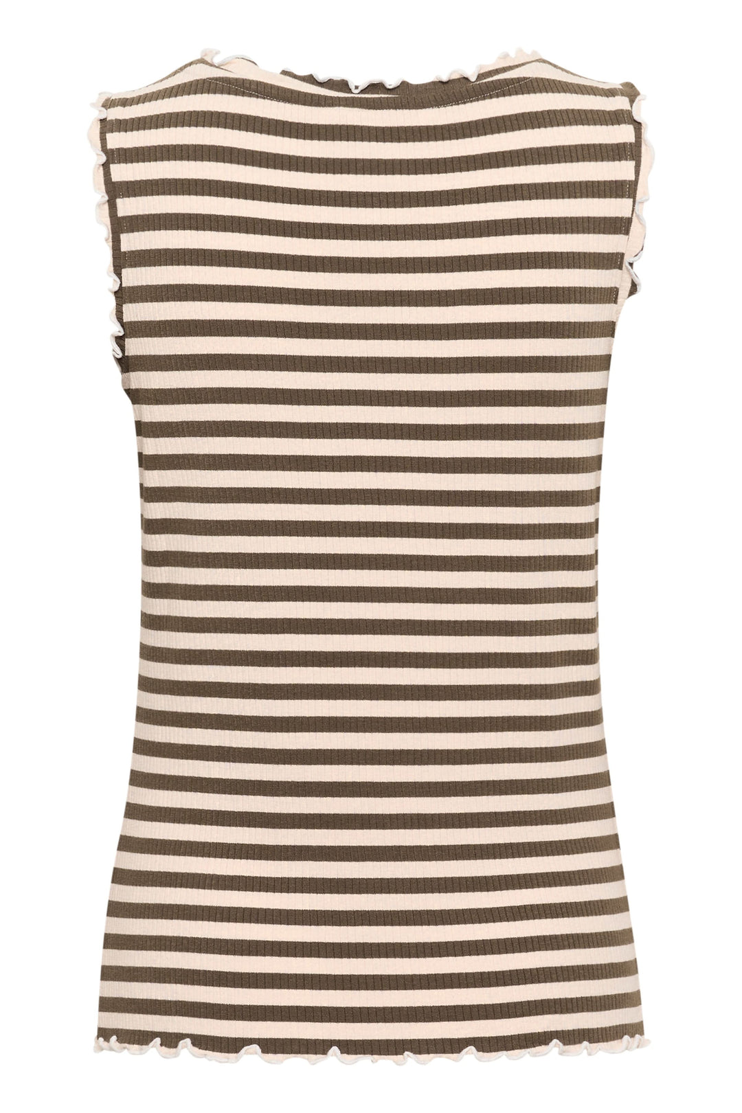 Camisole rayée en tricot côtelé avec finitions ondulées, dos avec rayures horizontales marron et crème.
