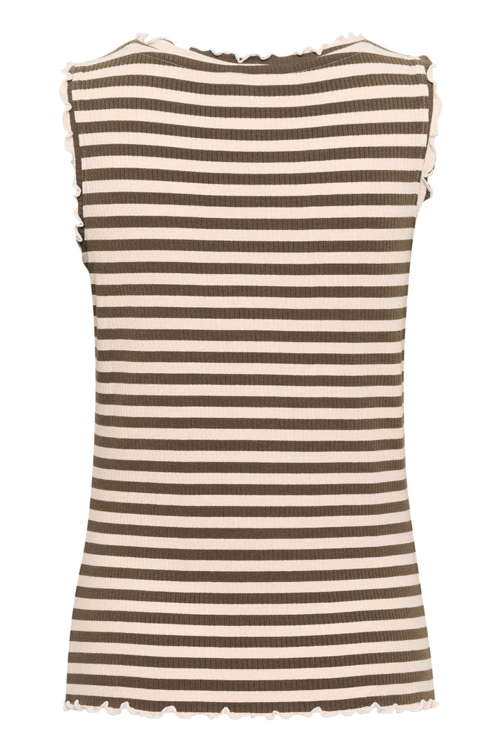 Camisole rayée en tricot côtelé avec finitions ondulées, dos avec rayures horizontales marron et crème.
