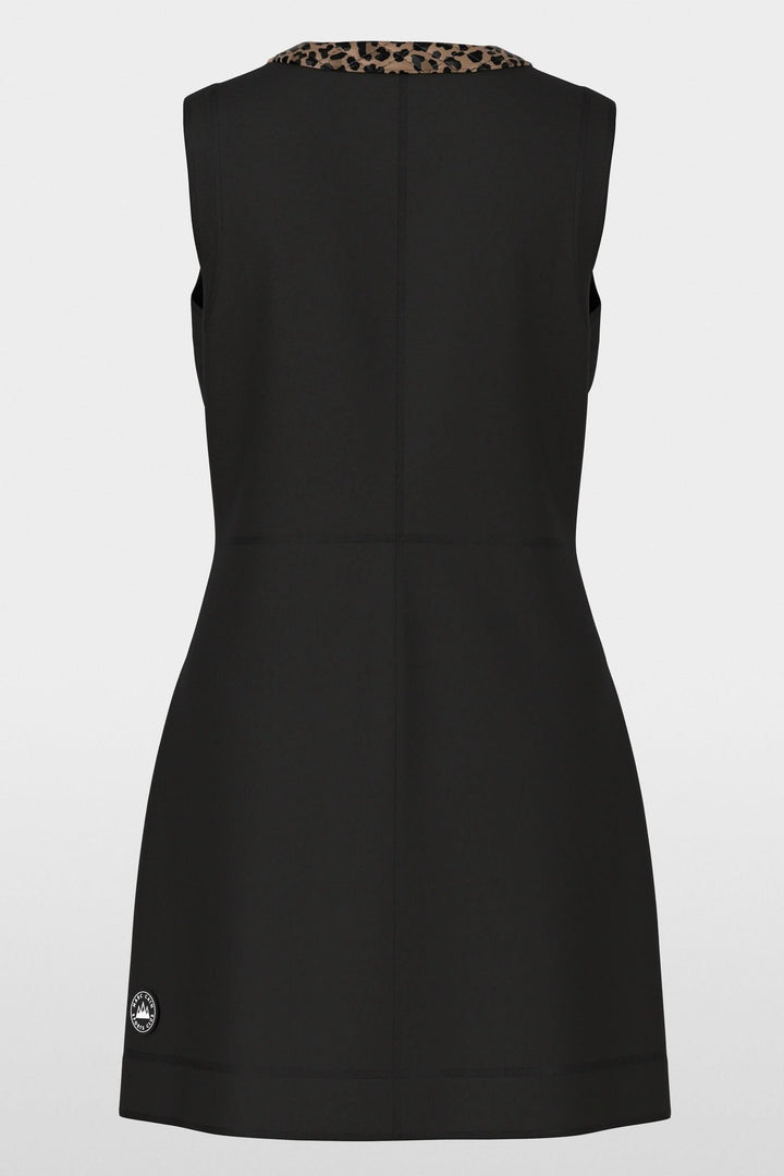 Robe sans manches chic avec motif léopard au col, coupe légèrement évasée pour une silhouette élégante et moderne.