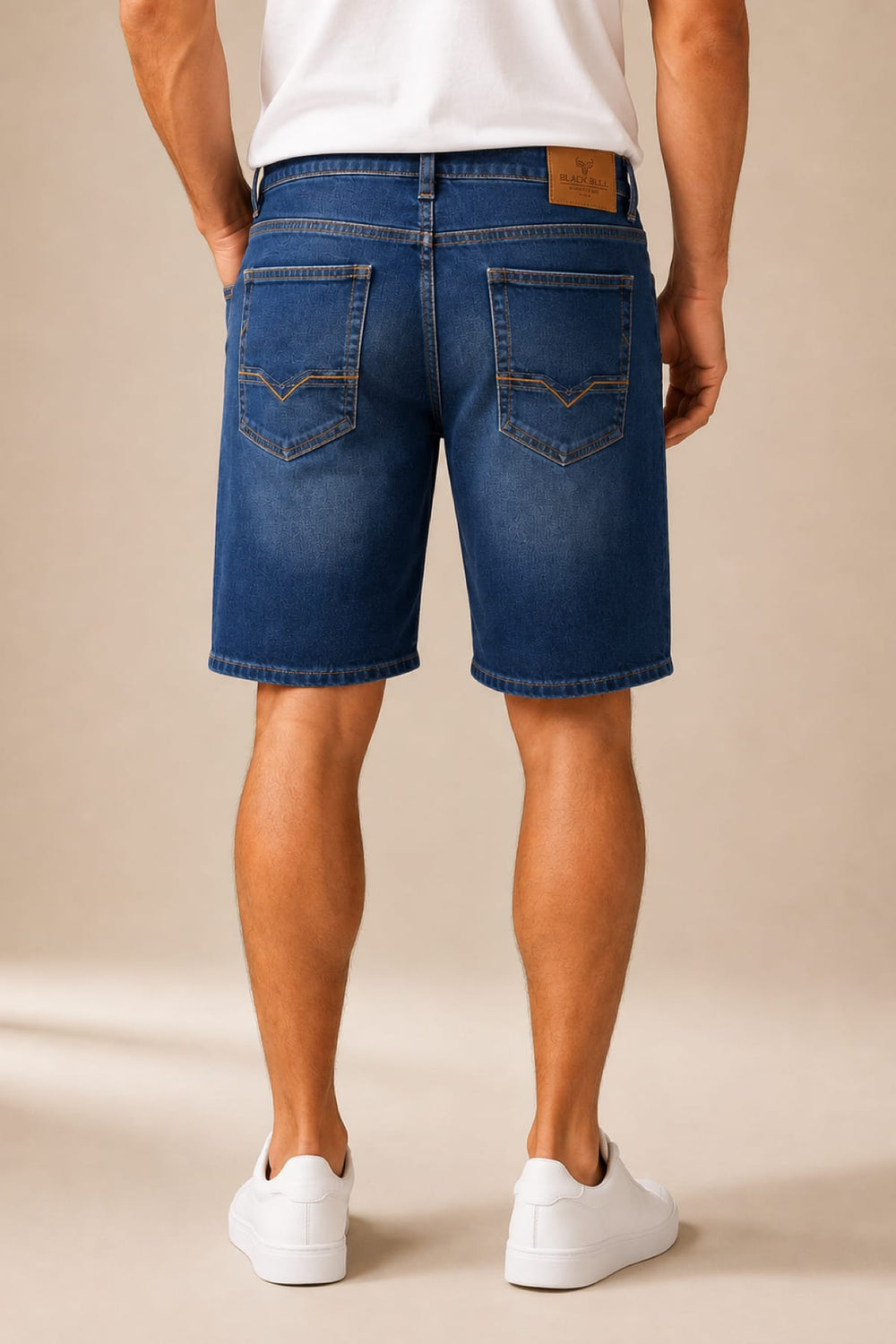 Side view of Black Bull women's stretch denim Bermuda shorts in black with topstitching details - Valérie Simon
