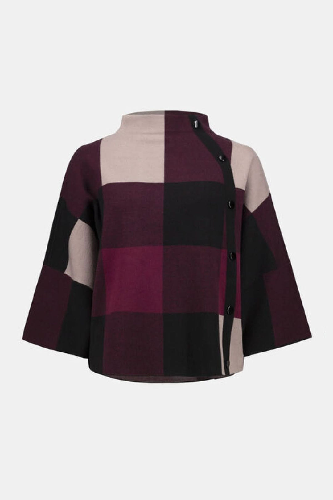 Chandail à col montant, à motif carreauté élégant, avec emmanchures descendues et coupe boîte.