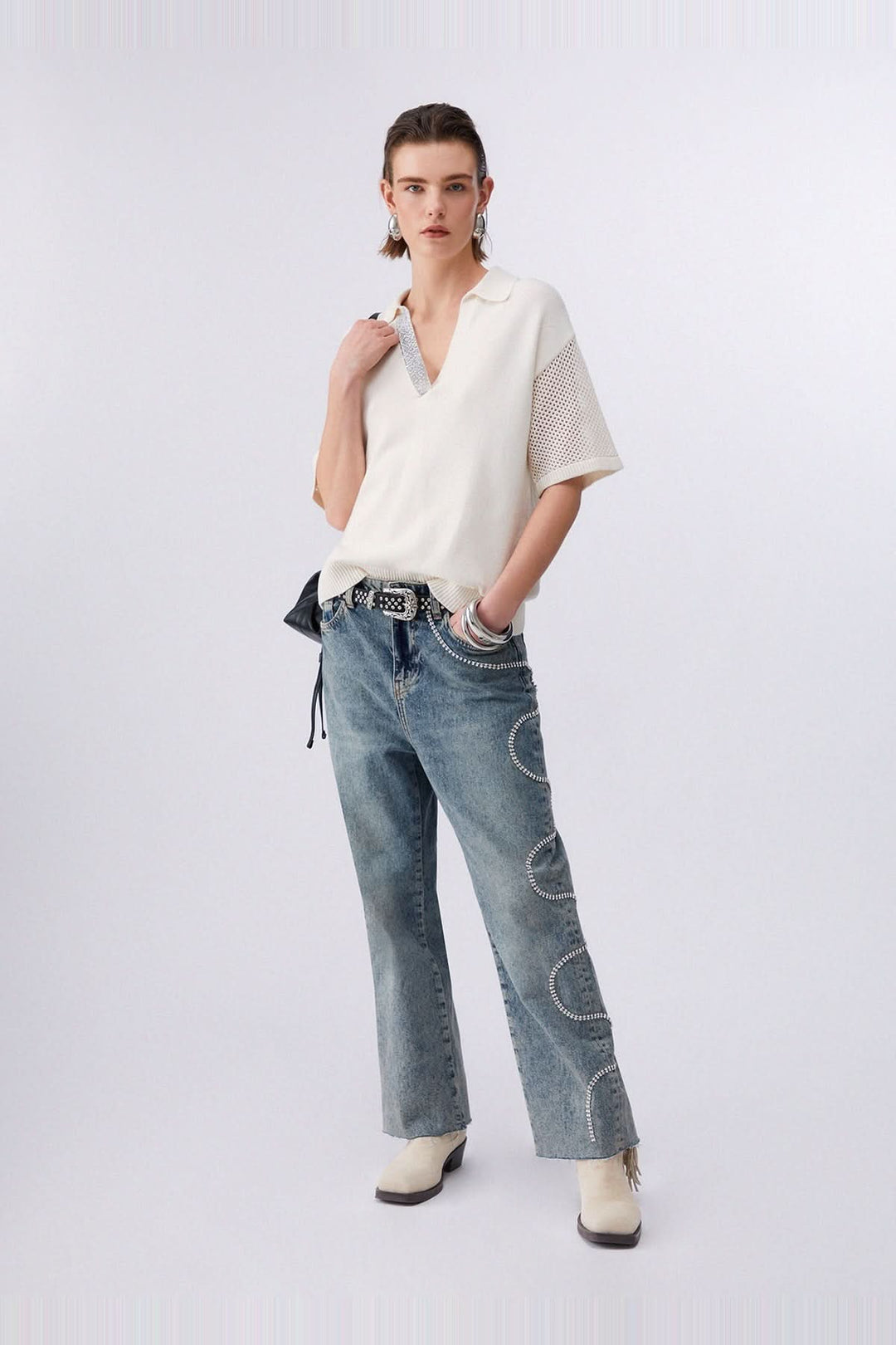 Chandail en maille avec col polo et strass