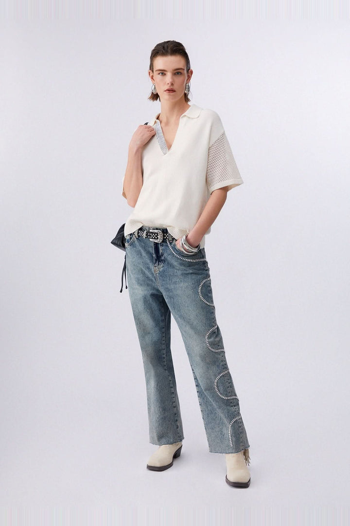 Chandail en maille avec col polo et strass