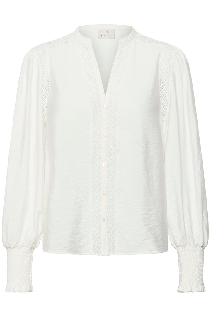 Front view of the Kaffe collarless blouse for women with white lace details - Valérie Simon