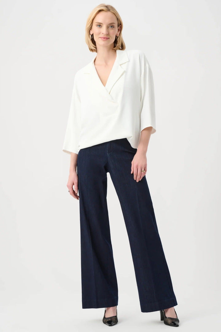Vue de face blouse fluide col tailleur Joseph Ribkoff blanche détails boutons Valérie Simon