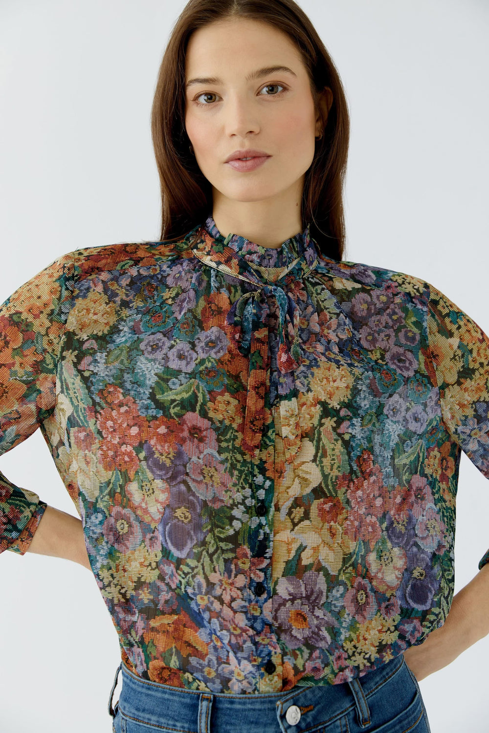 Vue de face blouse imprimée Oui pour femme avec motifs floraux colorés - Valérie Simon